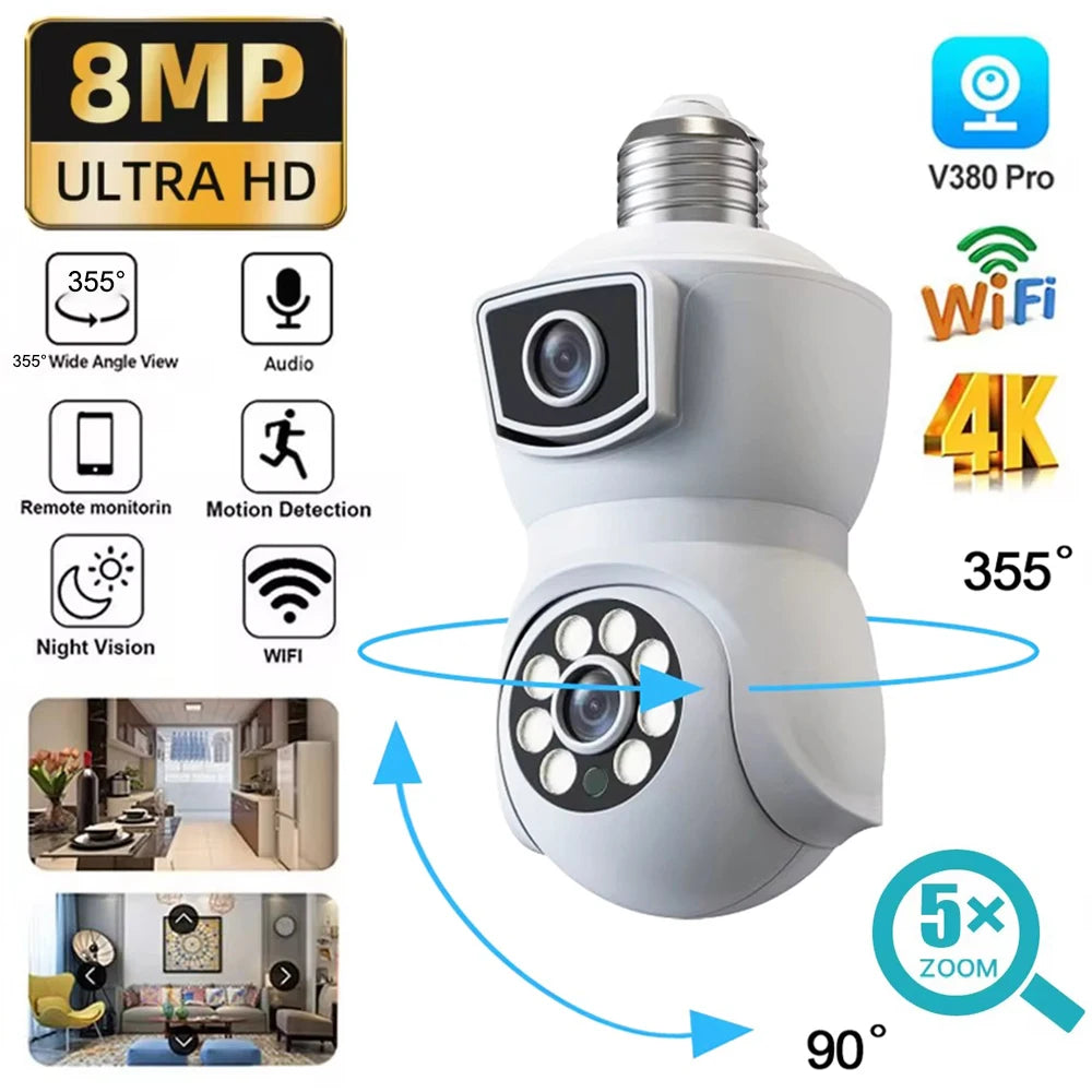 E27 4K 8MP Dual Screen Bulb WiFi Camera Dual Lens Auto Tracking Two Way Audio Color Night Vision Outdoor Security Camera 64GB