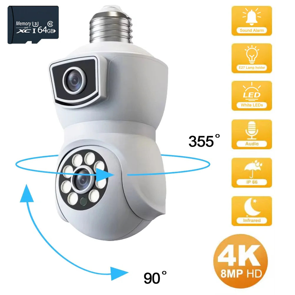 E27 4K 8MP Dual Screen Bulb WiFi Camera Dual Lens Auto Tracking Two Way Audio Color Night Vision Outdoor Security Camera 64GB