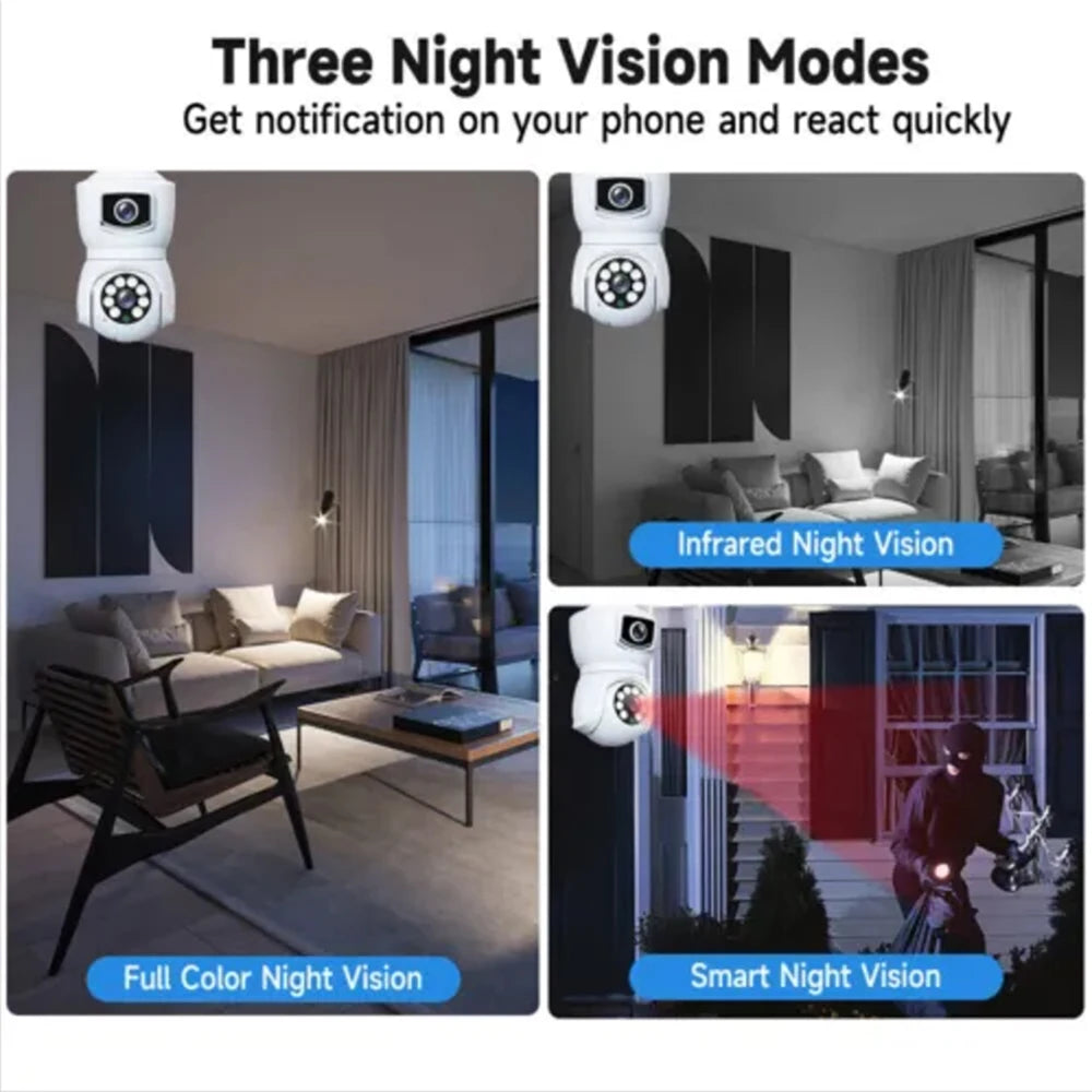 E27 4K 8MP Dual Screen Bulb WiFi Camera Dual Lens Auto Tracking Two Way Audio Color Night Vision Outdoor Security Camera 64GB