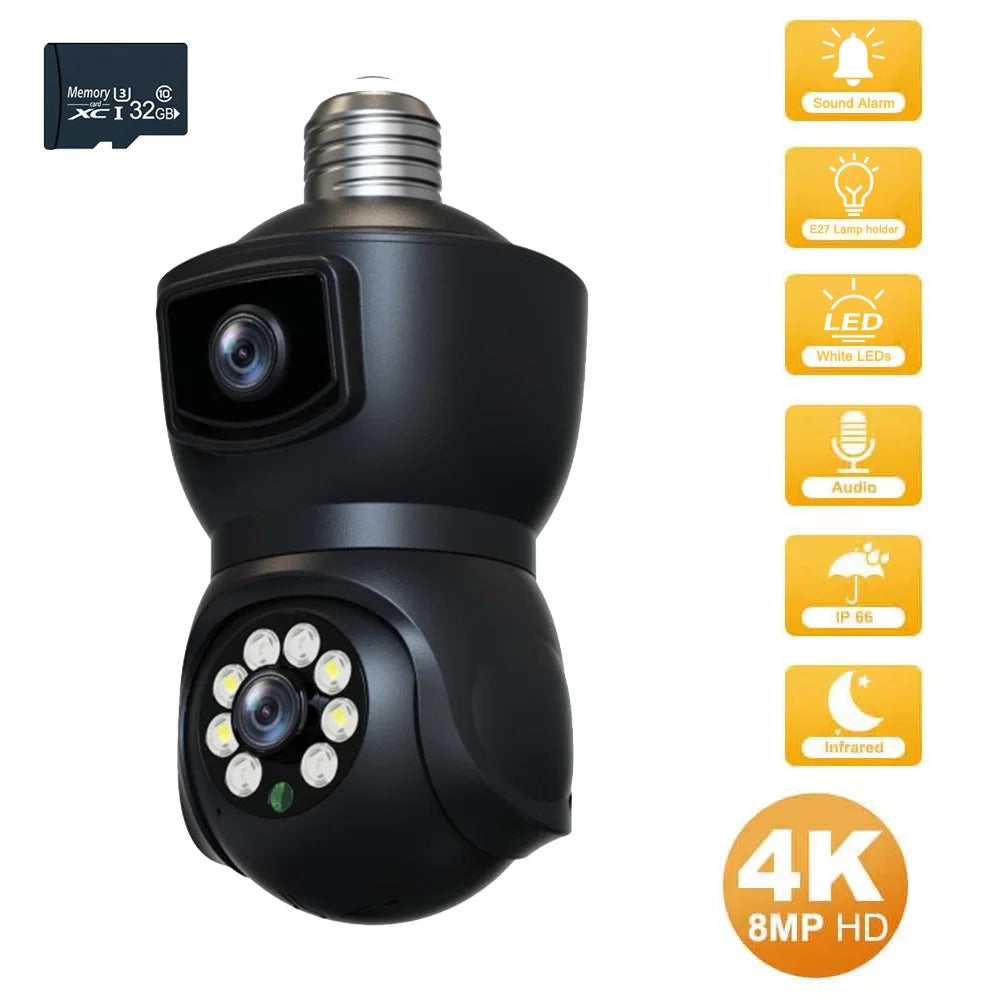E27 4K 8MP Dual Screen Bulb WiFi Camera Dual Lens Auto Tracking Two Way Audio Color Night Vision Outdoor Security Camera 64GB