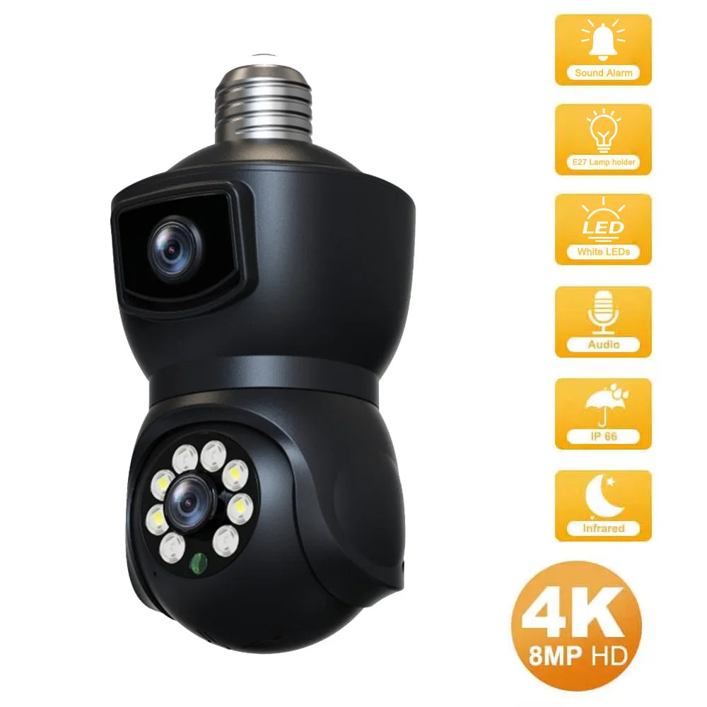 E27 4K 8MP Dual Screen Bulb WiFi Camera Dual Lens Auto Tracking Two Way Audio Color Night Vision Outdoor Security Camera 64GB