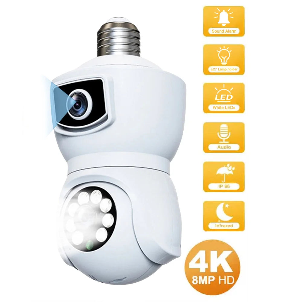 E27 4K 8MP Dual Screen Bulb WiFi Camera Dual Lens Auto Tracking Two Way Audio Color Night Vision Outdoor Security Camera 64GB