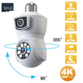 E27 4K 8MP Dual Screen Bulb WiFi Camera Dual Lens Auto Tracking Two Way Audio Color Night Vision Outdoor Security Camera 64GB