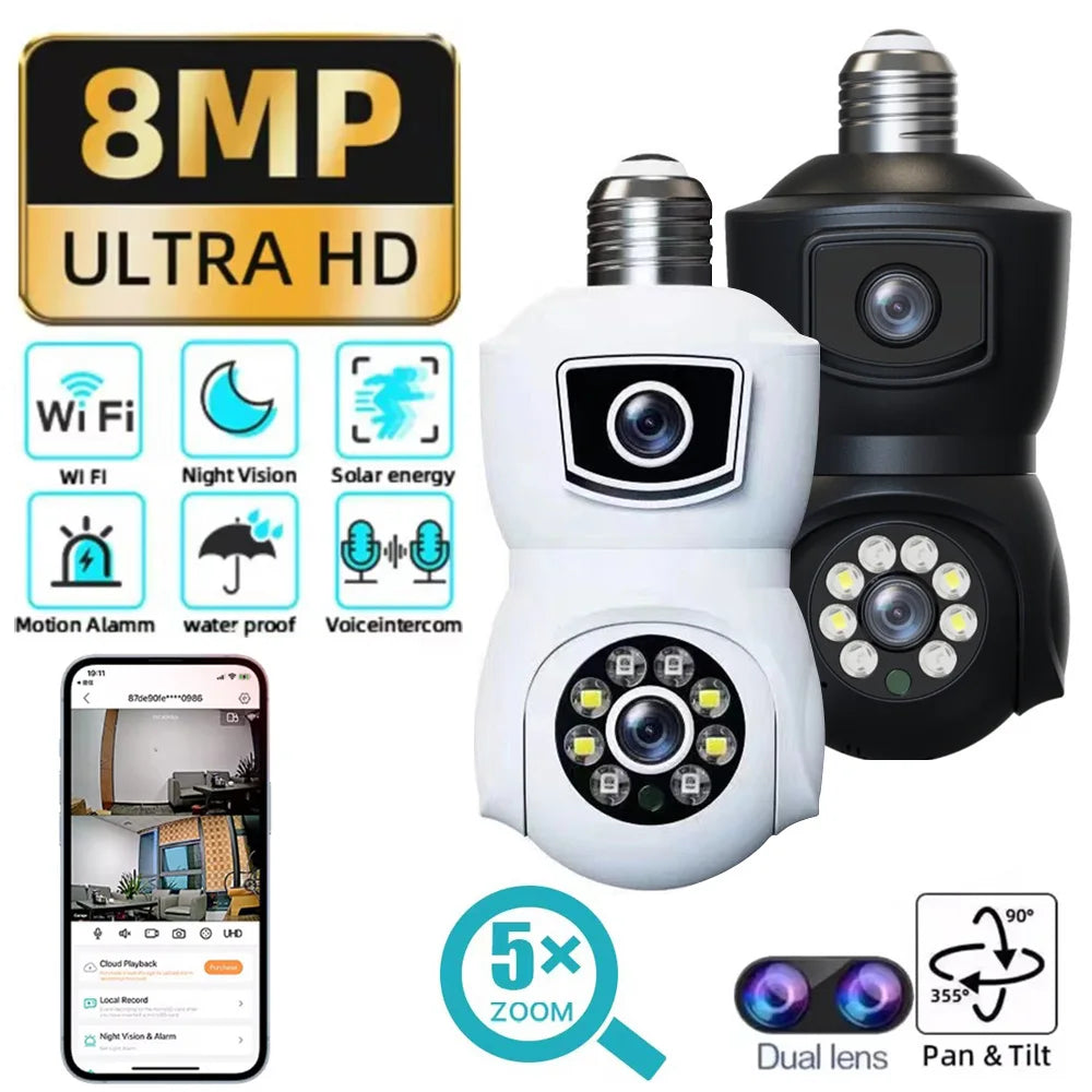 E27 4K 8MP Dual Screen Bulb WiFi Camera Dual Lens Auto Tracking Two Way Audio Color Night Vision Outdoor Security Camera 64GB